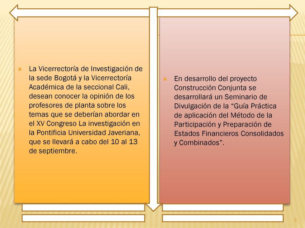 La Vicerrectoría de Investigación de la sede Bogotá y la Vicerrectoría Académica de la seccional Cali, desean conocer la opinión de los profesores de planta sobre los temas que se deberían abordar en el XV Congreso La investigación en la Pontificia Universidad Javeriana, que se llevará a cabo del 10 al 13 de septiembre.