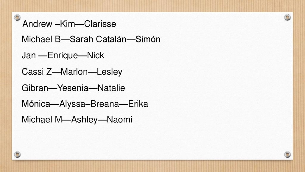 Andrew –Kim—Clarisse Michael B—Sarah Catalán—Simón. Jan —Enrique—Nick. Cassi Z—Marlon—Lesley. Gibran—Yesenia—Natalie.
