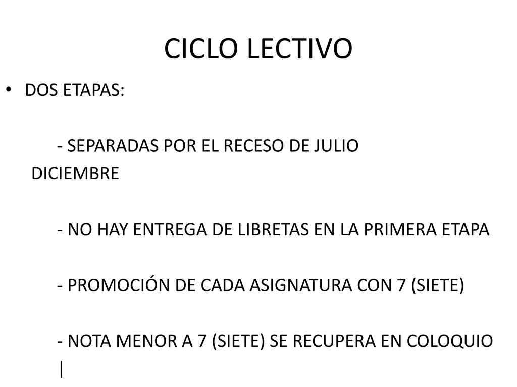CICLO LECTIVO DOS ETAPAS: - SEPARADAS POR EL RECESO DE JULIO DICIEMBRE