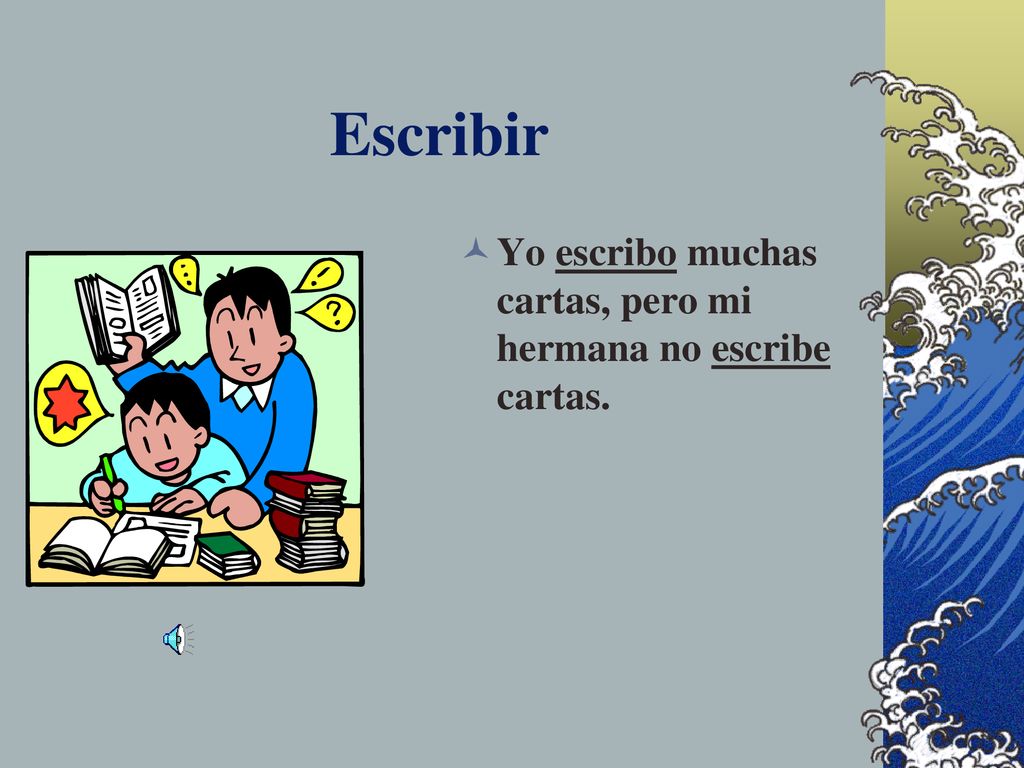 Escribir Yo escribo muchas cartas, pero mi hermana no escribe cartas.