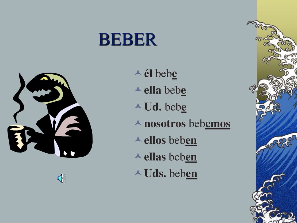 BEBER él bebe ella bebe Ud. bebe nosotros bebemos ellos beben