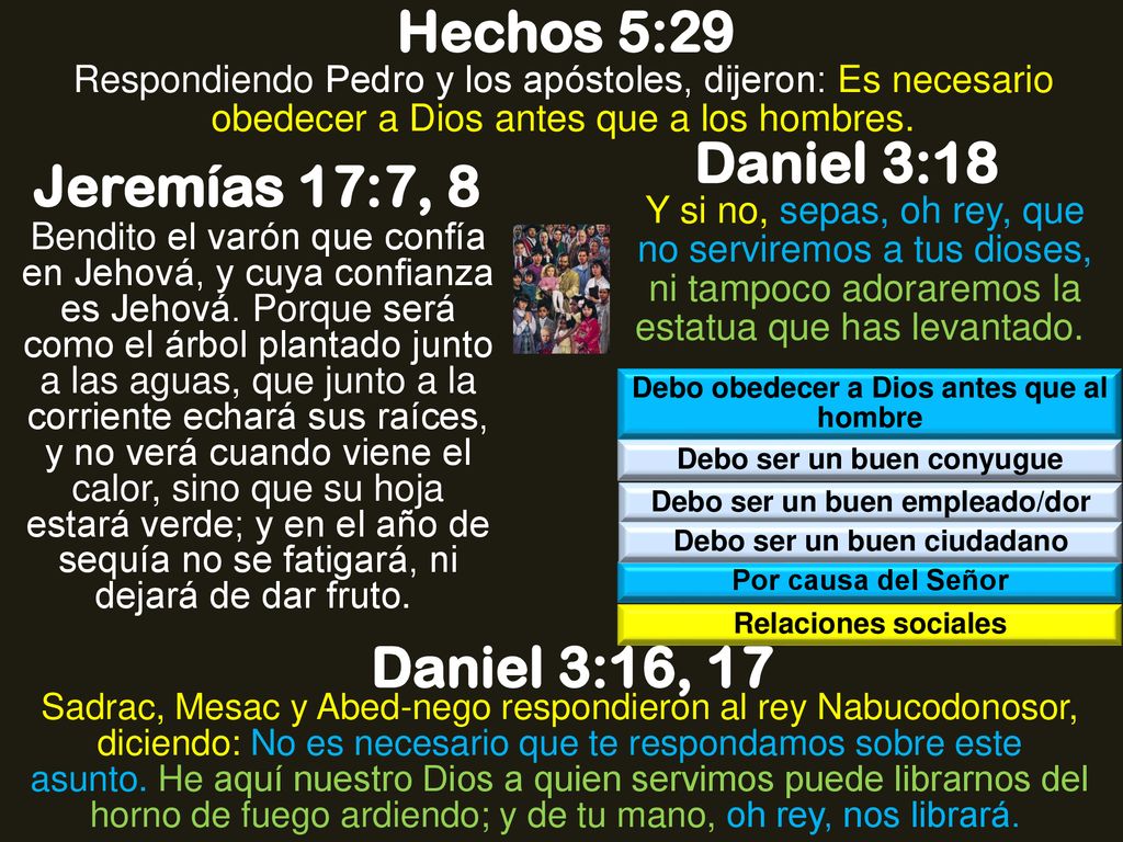 Hechos 5:29 Daniel 3:18 Jeremías 17:7, 8 Daniel 3:16, 17
