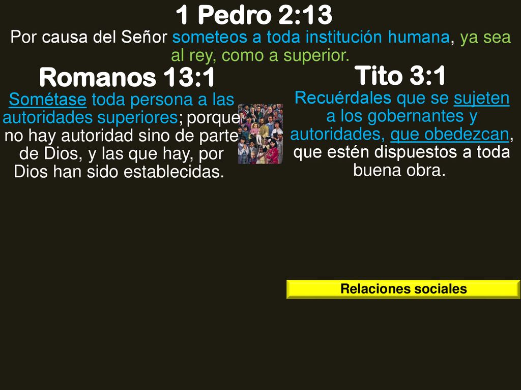 1 Pedro 2:13 Por causa del Señor someteos a toda institución humana, ya sea al rey, como a superior.