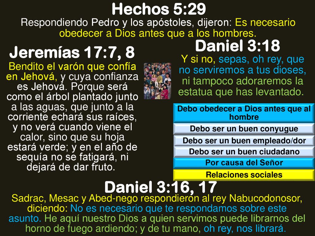 Hechos 5:29 Daniel 3:18 Jeremías 17:7, 8 Daniel 3:16, 17