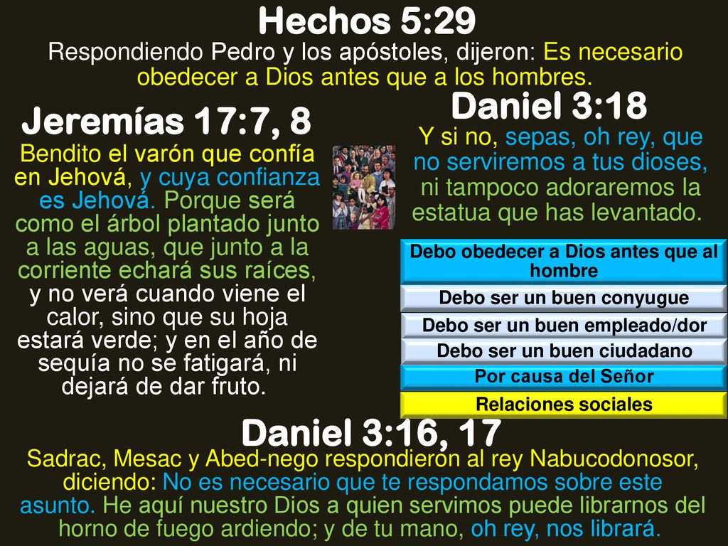 Hechos 5:29 Daniel 3:18 Jeremías 17:7, 8 Daniel 3:16, 17