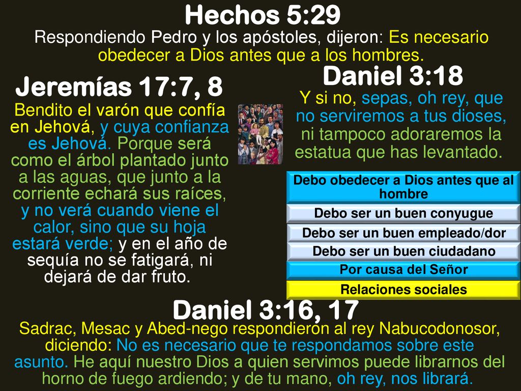 Hechos 5:29 Daniel 3:18 Jeremías 17:7, 8 Daniel 3:16, 17