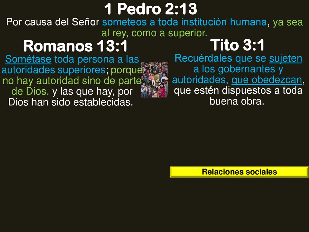 1 Pedro 2:13 Por causa del Señor someteos a toda institución humana, ya sea al rey, como a superior.