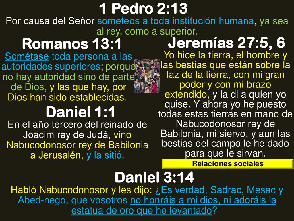 1 Pedro 2:13 Romanos 13:1 Jeremías 27:5, 6 Daniel 1:1 Daniel 3:14