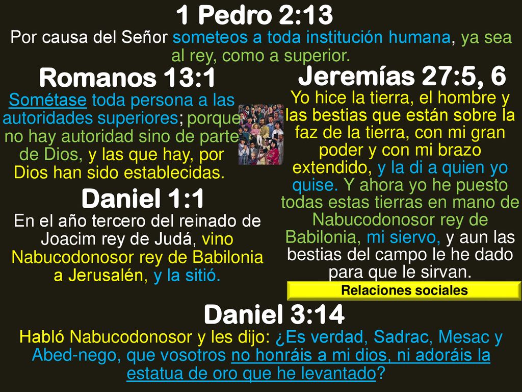 1 Pedro 2:13 Romanos 13:1 Jeremías 27:5, 6 Daniel 1:1 Daniel 3:14