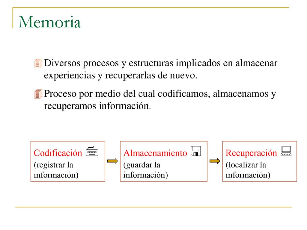 Memoria  Diversos procesos y estructuras implicados en almacenar experiencias y recuperarlas de nuevo.