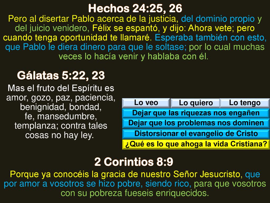 Hechos 24:25, 26 Gálatas 5:22, 23 2 Corintios 8:9