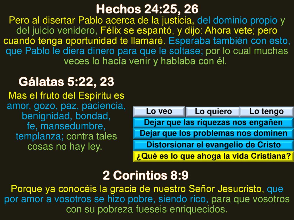 Hechos 24:25, 26 Gálatas 5:22, 23 2 Corintios 8:9
