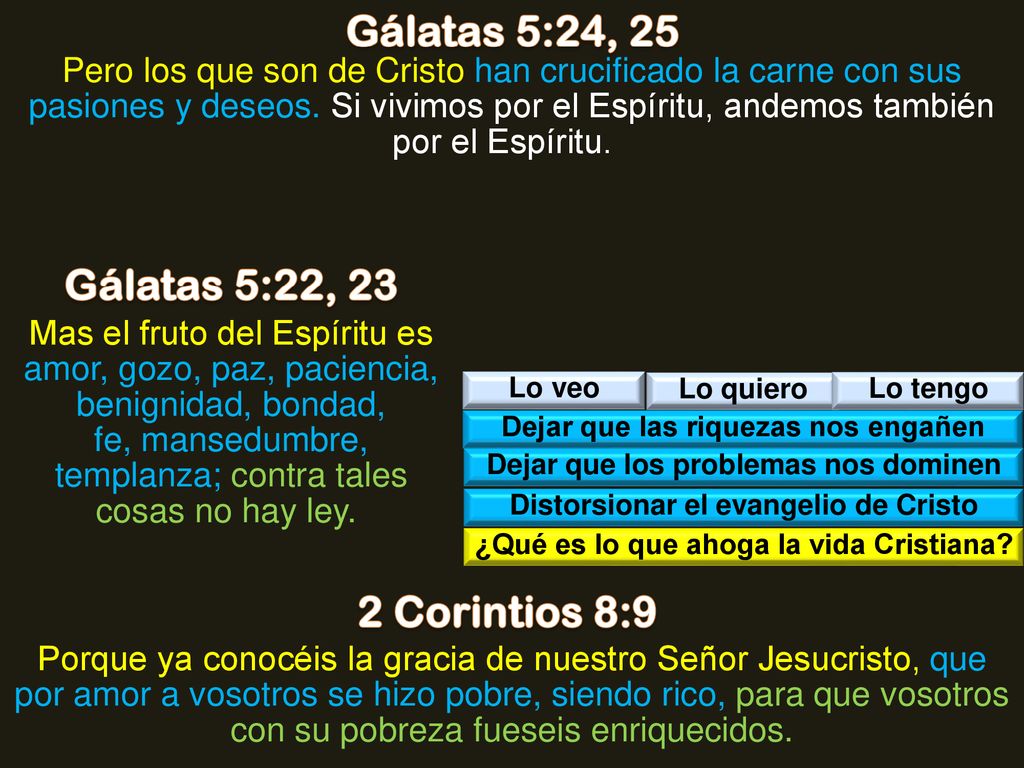 Gálatas 5:24, 25 Gálatas 5:22, 23 2 Corintios 8:9