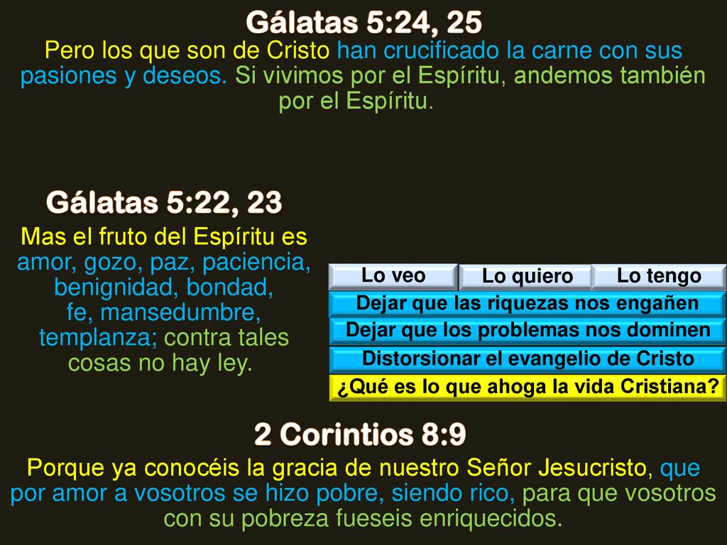 Gálatas 5:24, 25 Gálatas 5:22, 23 2 Corintios 8:9
