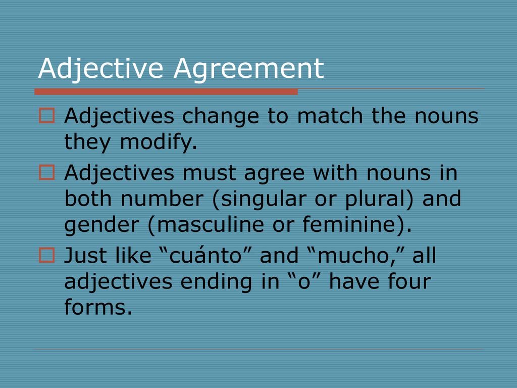 Adjective Agreement Adjectives change to match the nouns they modify.