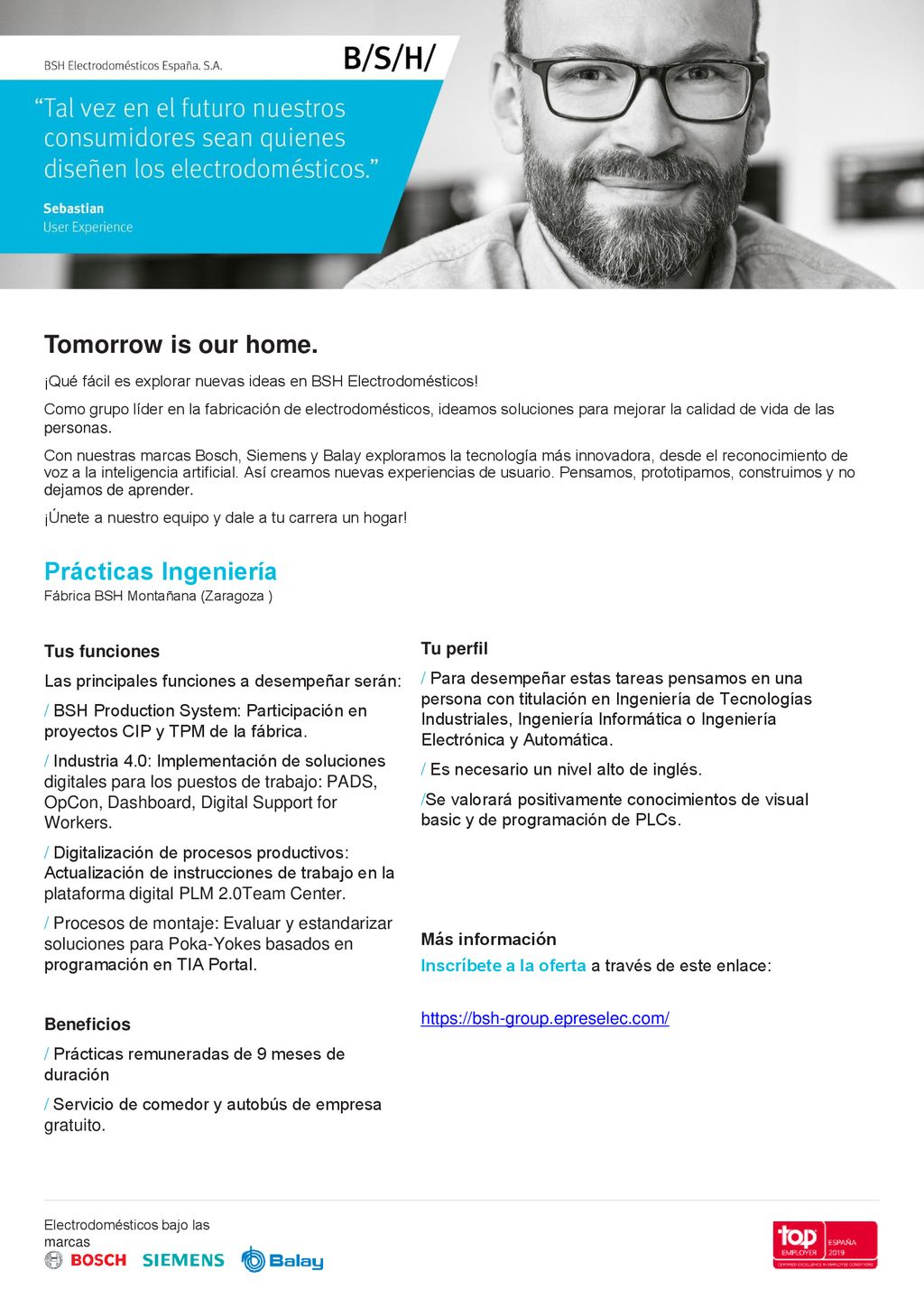 Tomorrow is our home. Prácticas Ingeniería Tus funciones Tu perfil