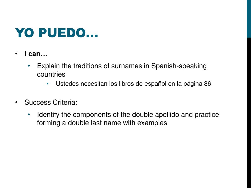 Yo puedo… I can… Explain the traditions of surnames in Spanish-speaking countries. Ustedes necesitan los libros de español en la página 86.