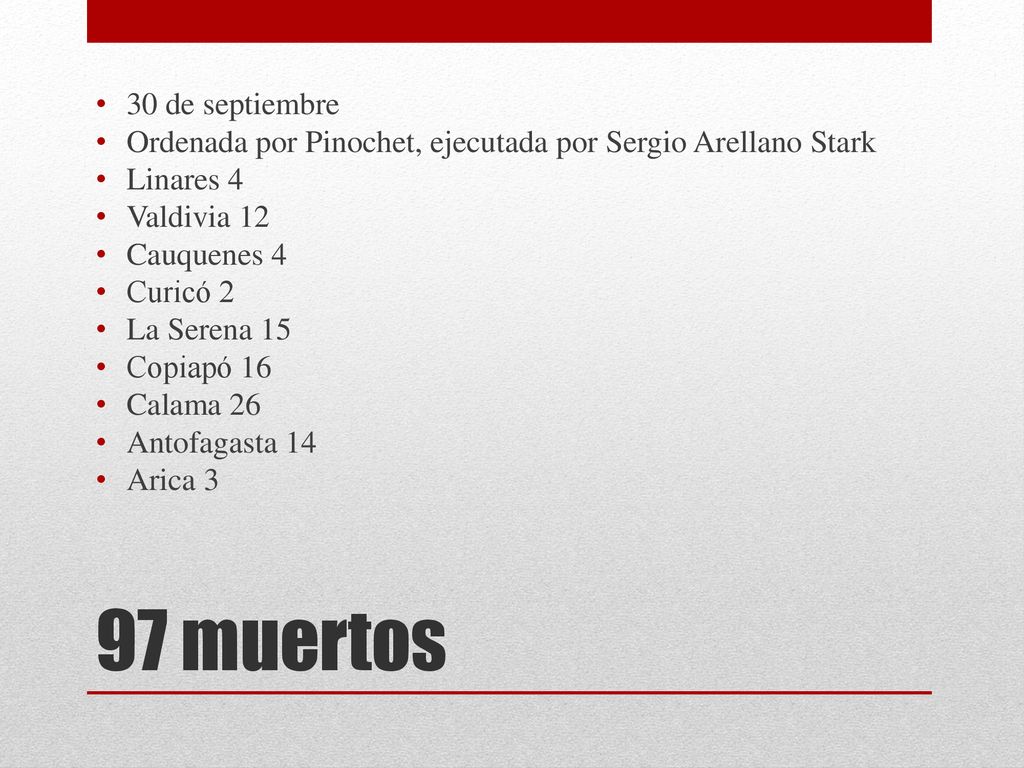 30 de septiembre Ordenada por Pinochet, ejecutada por Sergio Arellano Stark. Linares 4. Valdivia 12.