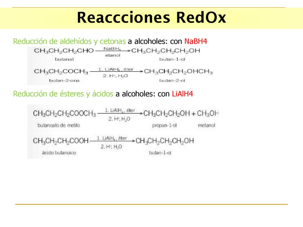 Reaccciones RedOx Reducción de aldehídos y cetonas a alcoholes: con NaBH4.