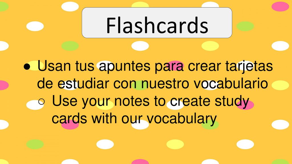 Flashcards Usan tus apuntes para crear tarjetas de estudiar con nuestro vocabulario.