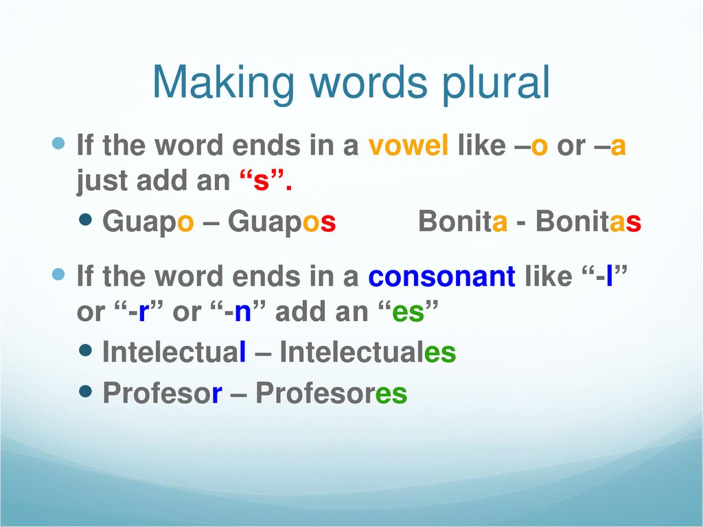 Making words plural If the word ends in a vowel like –o or –a just add an s . Guapo – Guapos Bonita - Bonitas.