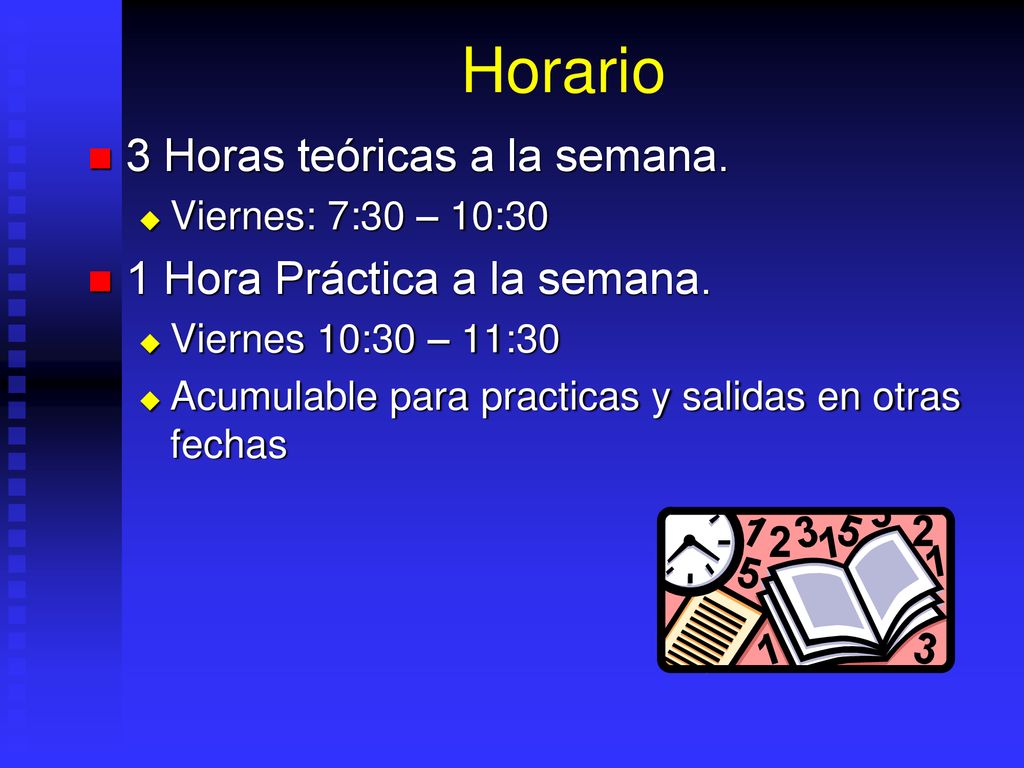 Horario 3 Horas teóricas a la semana. 1 Hora Práctica a la semana.