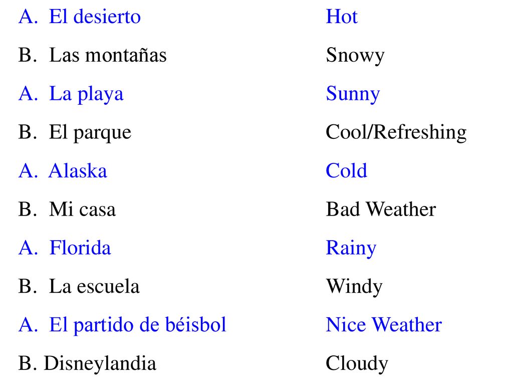 El desierto Hot Las montañas Snowy. A. La playa Sunny. El parque Cool/Refreshing. Alaska Cold.