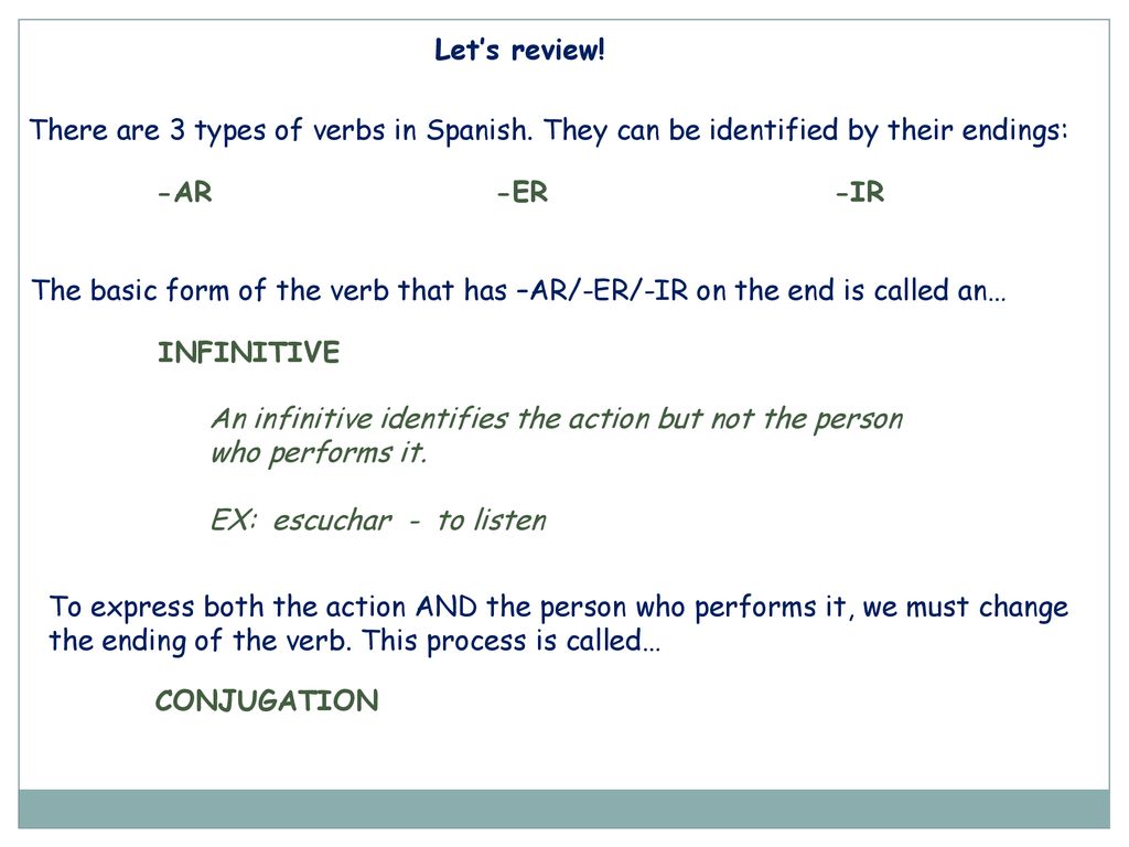 Let’s review! There are 3 types of verbs in Spanish. They can be identified by their endings: -AR -ER -IR.