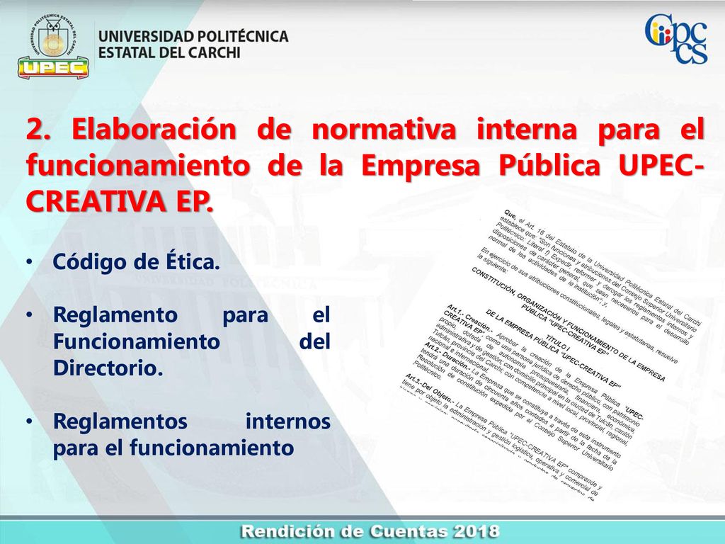 2. Elaboración de normativa interna para el funcionamiento de la Empresa Pública UPEC-CREATIVA EP.