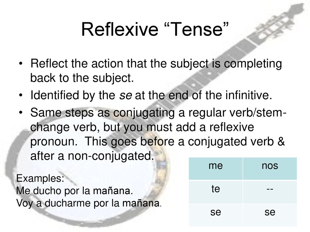 Reflexive Tense Reflect the action that the subject is completing back to the subject. Identified by the se at the end of the infinitive.