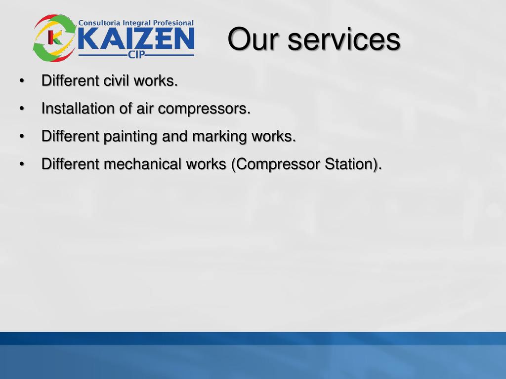 Our services Different civil works. Installation of air compressors.
