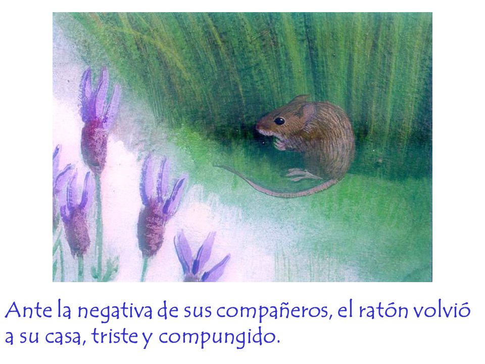 Ante la negativa de sus compañeros, el ratón volvió a su casa, triste y compungido.