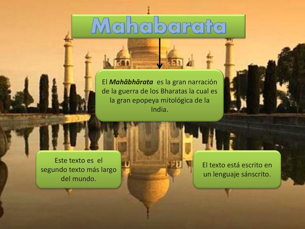 Mahabarata El Mahābhārata es la gran narración de la guerra de los Bharatas la cual es la gran epopeya mitológica de la India.