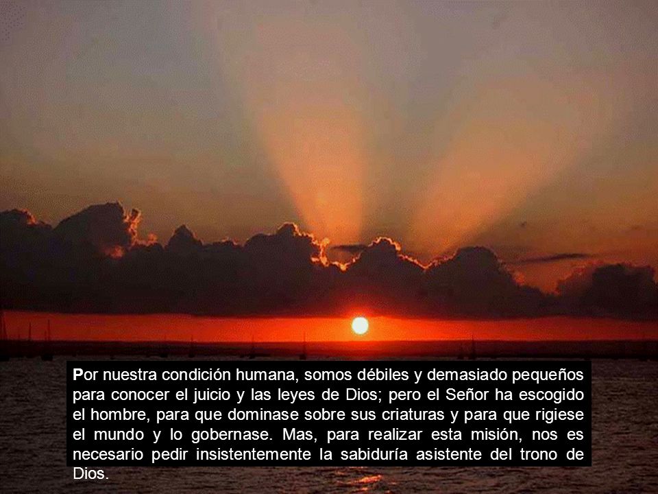 Por nuestra condición humana, somos débiles y demasiado pequeños para conocer el juicio y las leyes de Dios; pero el Señor ha escogido el hombre, para que dominase sobre sus criaturas y para que rigiese el mundo y lo gobernase.