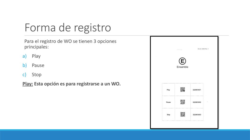 Forma de registro Para el registro de WO se tienen 3 opciones principales: Play.