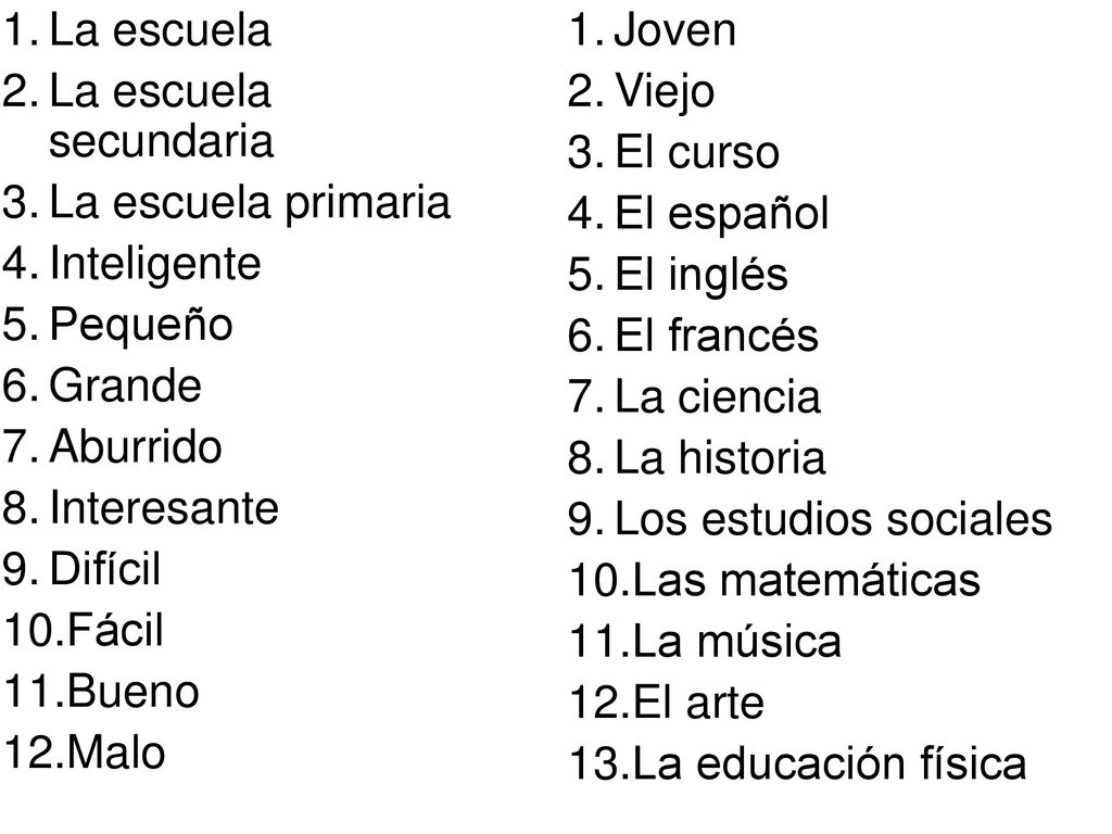 La escuela La escuela secundaria. La escuela primaria. Inteligente. Pequeño. Grande. Aburrido.