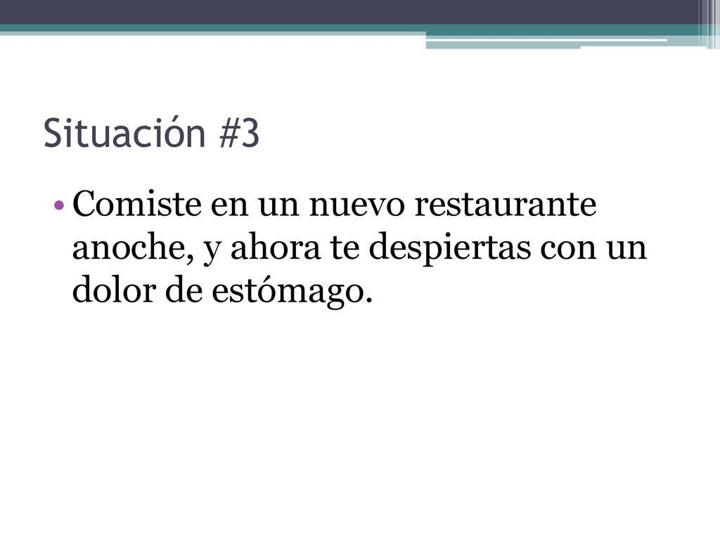 Situación #3 Comiste en un nuevo restaurante anoche, y ahora te despiertas con un dolor de estómago.