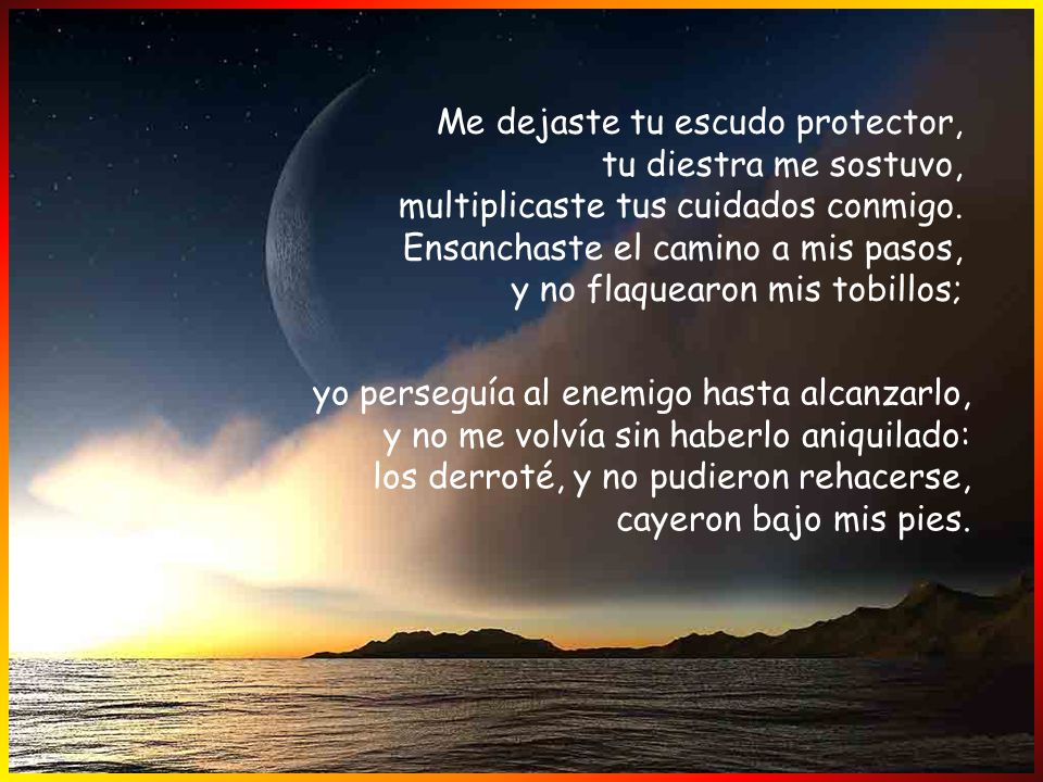 Me dejaste tu escudo protector, tu diestra me sostuvo, multiplicaste tus cuidados conmigo. Ensanchaste el camino a mis pasos, y no flaquearon mis tobillos;