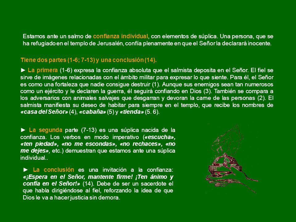 Estamos ante un salmo de confianza individual, con elementos de súplica. Una persona, que se ha refugiado en el templo de Jerusalén, confía plenamente en que el Señor la declarará inocente.