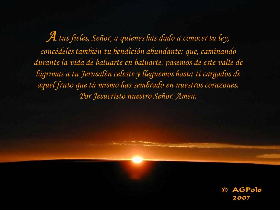 A tus fieles, Señor, a quienes has dado a conocer tu ley, concédeles también tu bendición abundante: que, caminando durante la vida de baluarte en baluarte, pasemos de este valle de lágrimas a tu Jerusalén celeste y lleguemos hasta ti cargados de aquel fruto que tú mismo has sembrado en nuestros corazones.