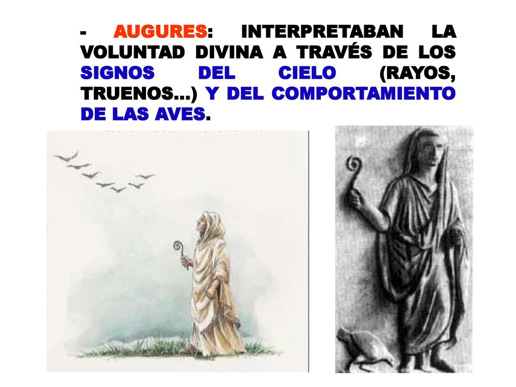 - AUGURES: INTERPRETABAN LA VOLUNTAD DIVINA A TRAVÉS DE LOS SIGNOS DEL CIELO (RAYOS, TRUENOS...) Y DEL COMPORTAMIENTO DE LAS AVES.