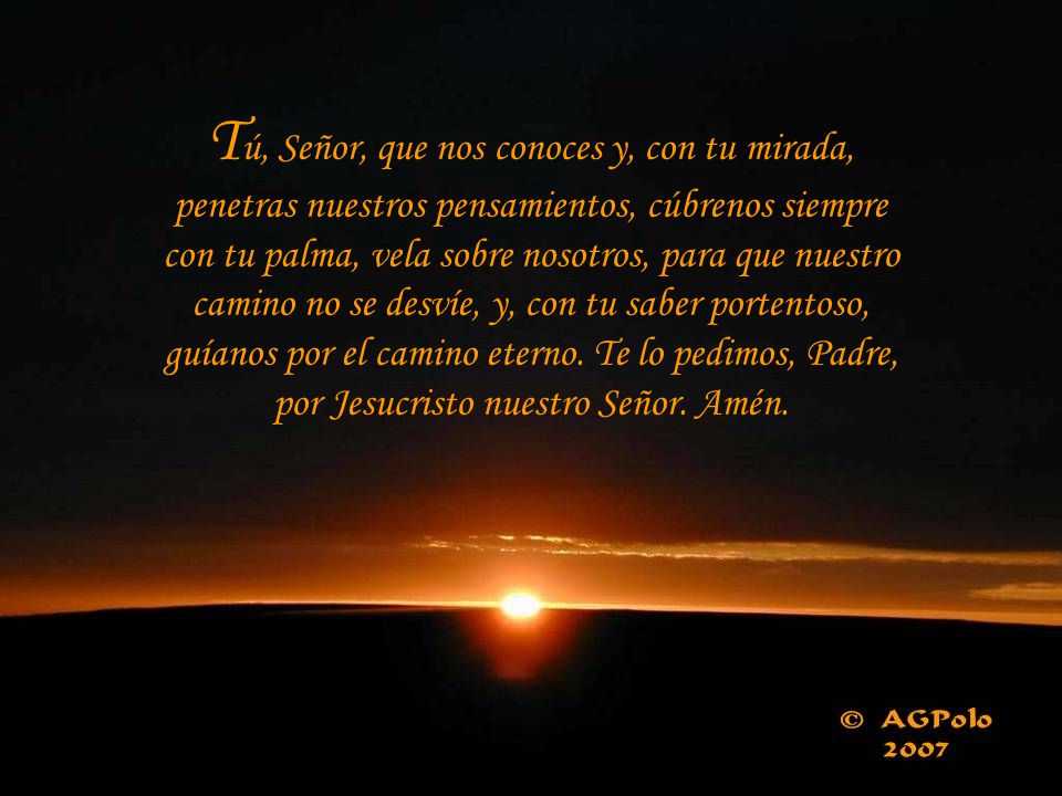 Tú, Señor, que nos conoces y, con tu mirada, penetras nuestros pensamientos, cúbrenos siempre con tu palma, vela sobre nosotros, para que nuestro camino no se desvíe, y, con tu saber portentoso, guíanos por el camino eterno.