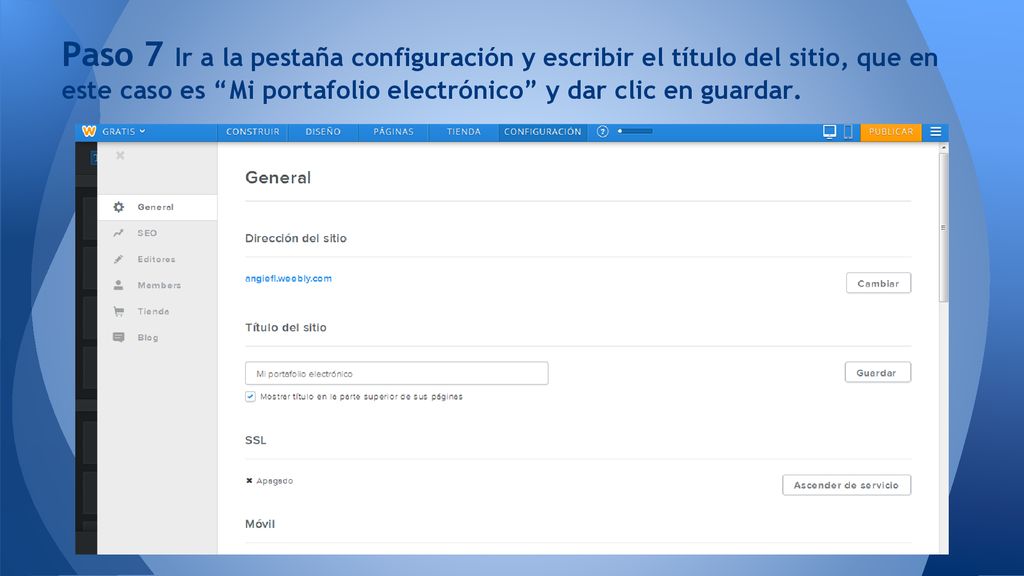 Paso 7 Ir a la pestaña configuración y escribir el título del sitio, que en este caso es Mi portafolio electrónico y dar clic en guardar.