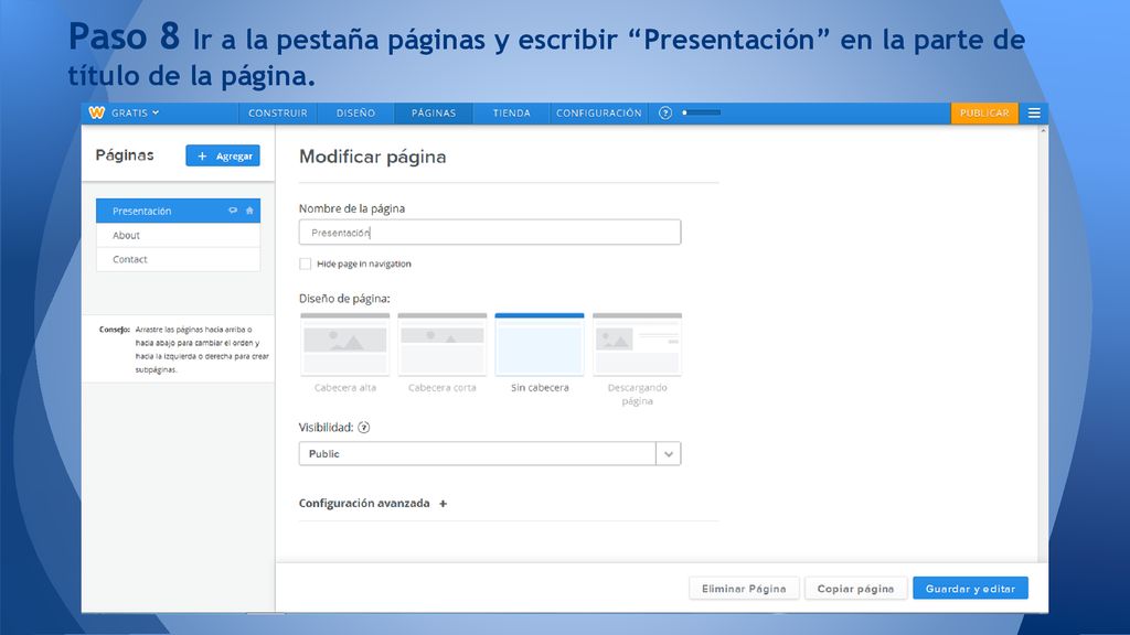 Paso 8 Ir a la pestaña páginas y escribir Presentación en la parte de título de la página.