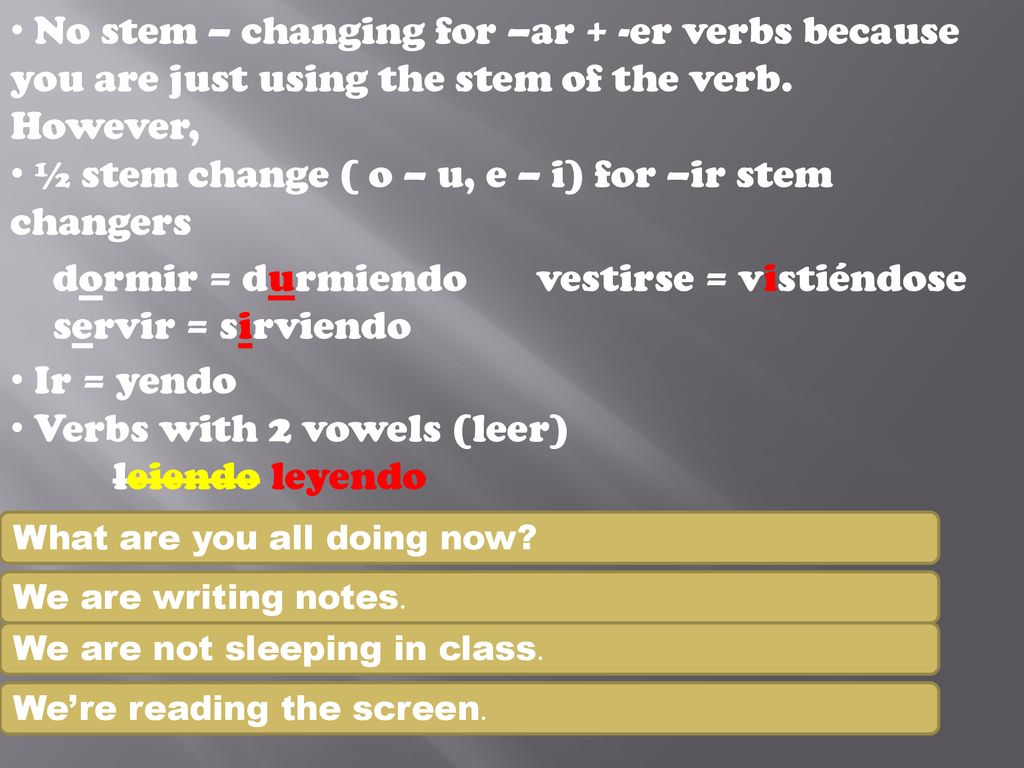 ½ stem change ( o – u, e – i) for –ir stem changers
