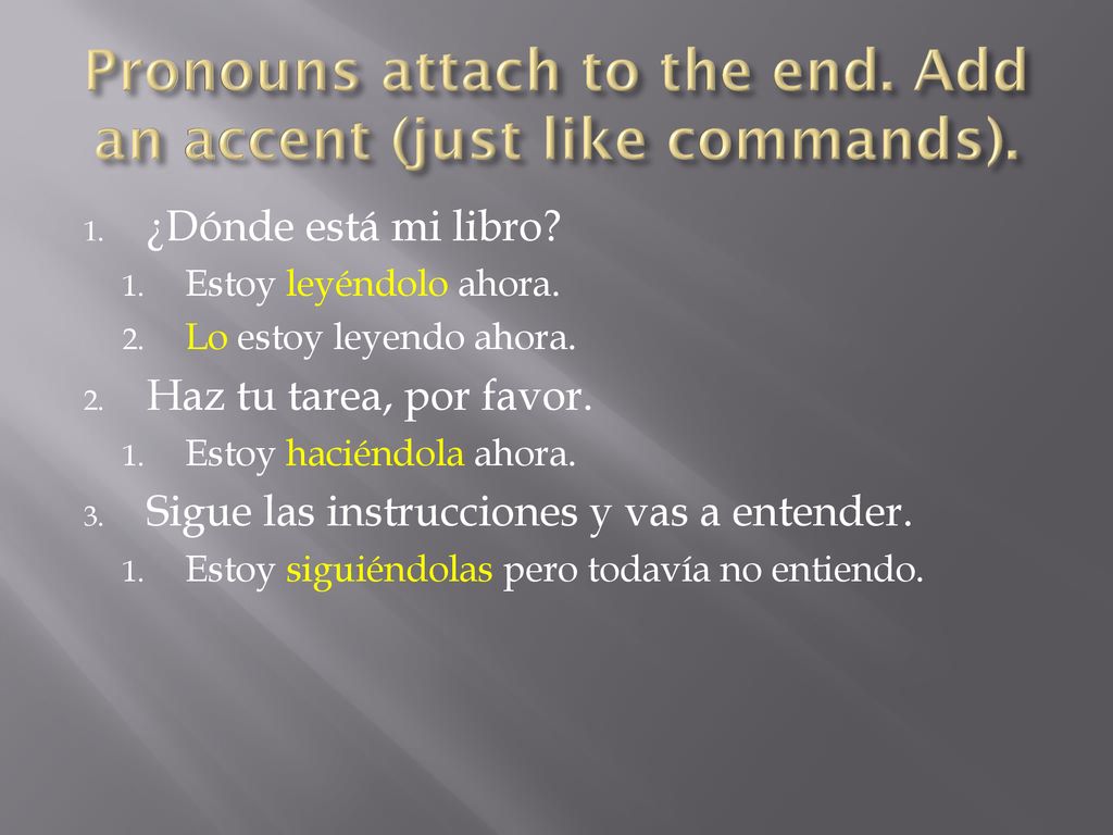 Pronouns attach to the end. Add an accent (just like commands).