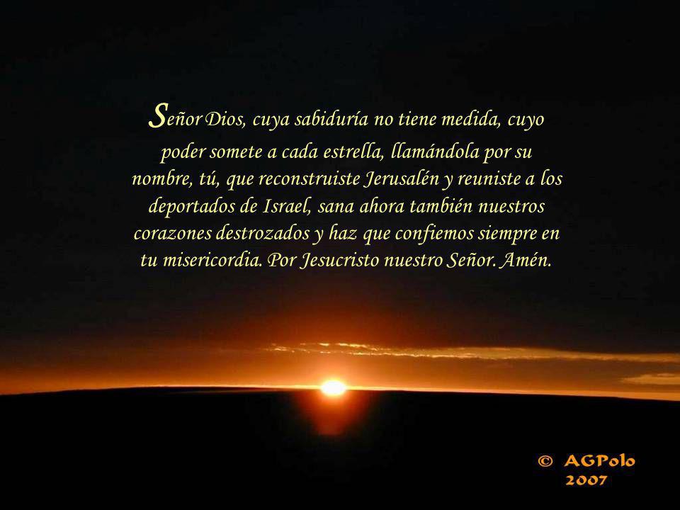 Señor Dios, cuya sabiduría no tiene medida, cuyo poder somete a cada estrella, llamándola por su nombre, tú, que reconstruiste Jerusalén y reuniste a los deportados de Israel, sana ahora también nuestros corazones destrozados y haz que confiemos siempre en tu misericordia.