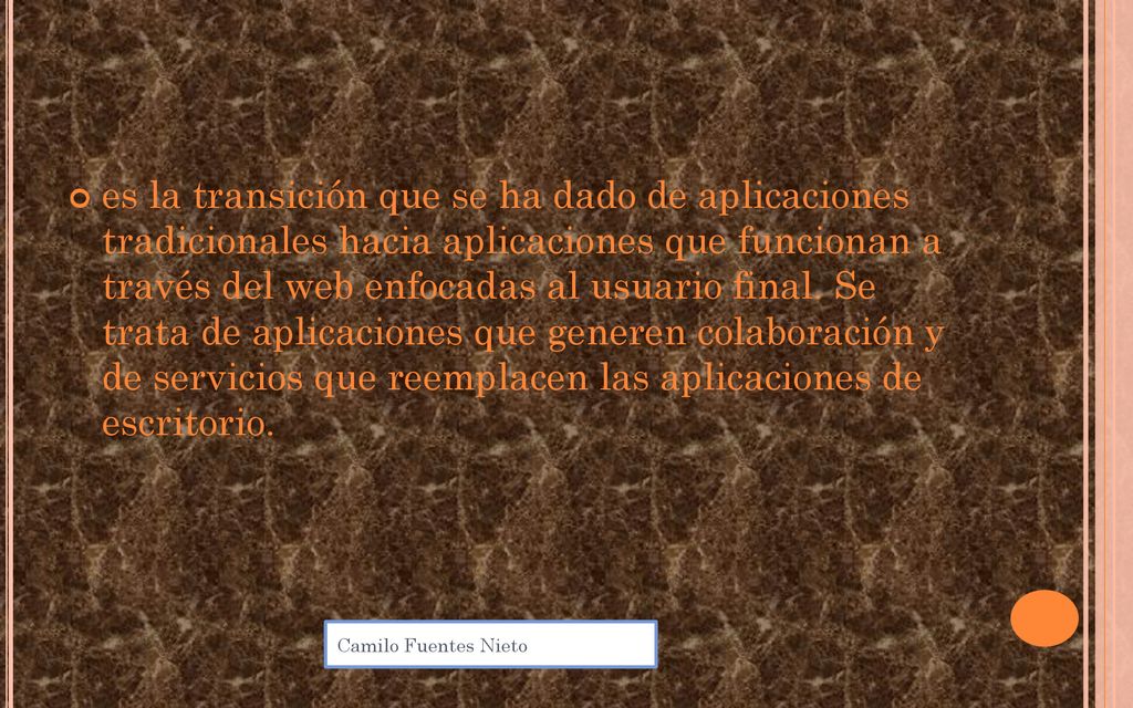 es la transición que se ha dado de aplicaciones tradicionales hacia aplicaciones que funcionan a través del web enfocadas al usuario final. Se trata de aplicaciones que generen colaboración y de servicios que reemplacen las aplicaciones de escritorio.