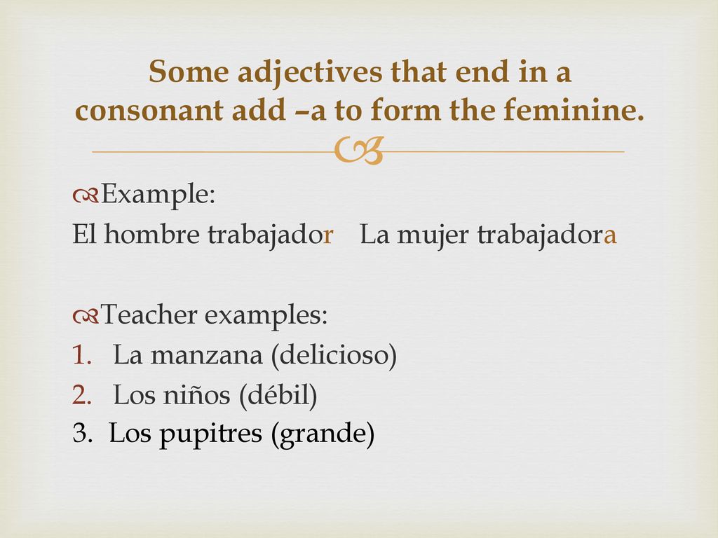 Some adjectives that end in a consonant add –a to form the feminine.