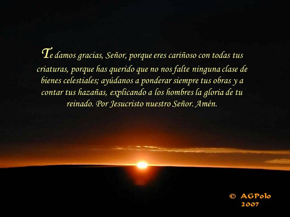 Te damos gracias, Señor, porque eres cariñoso con todas tus criaturas, porque has querido que no nos falte ninguna clase de bienes celestiales; ayúdanos a ponderar siempre tus obras y a contar tus hazañas, explicando a los hombres la gloria de tu reinado.